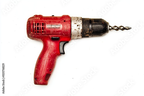 A powerful pneumatic drill with visible scratches and wear, isolated on a white background