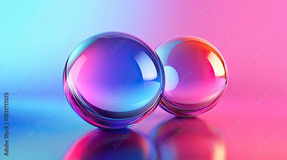 Two iridescent spheres on a blue and pink gradient background Two iridescent spheres on a blue and pink gradient background