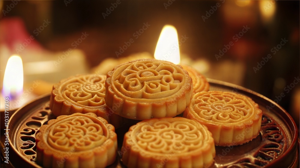 Fototapeta premium Traditional Mooncakes on Plate with Candles in Background - Mid-Autumn Festival Celebration