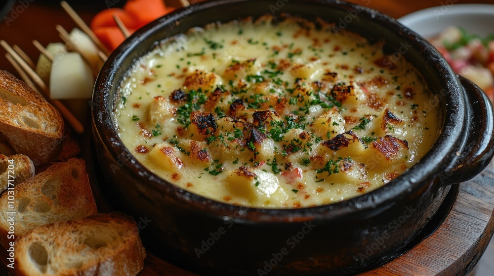 Gourmet cheese fondue served with chunks of bread, vegetables, and apples for dipping, presented in a rustic pot with skewers Gourmet cheese fondue served with chunks of bread, vegetables, and apples for dipping, presented in a rustic pot with skewers