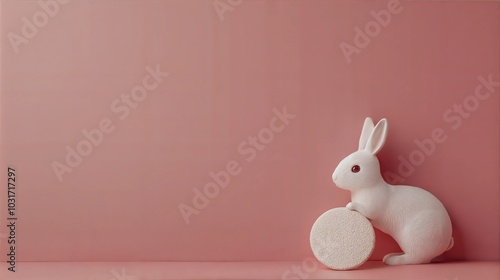 White Rabbit Figurine with Round Object on Pink Background - Minimalistic Easter Decoration photo