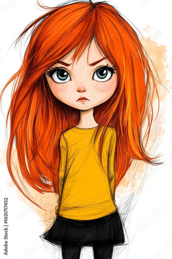 A red-haired girl is depicted with big blue eyes She wears a yellow T-shirt and pairs it with a black skirt A red-haired girl is depicted with big blue eyes She wears a yellow T-shirt and pairs it with a black skirt