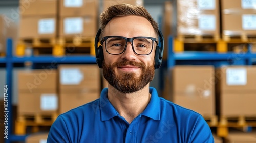 Smiling warehouse worker with headphones and glasses.