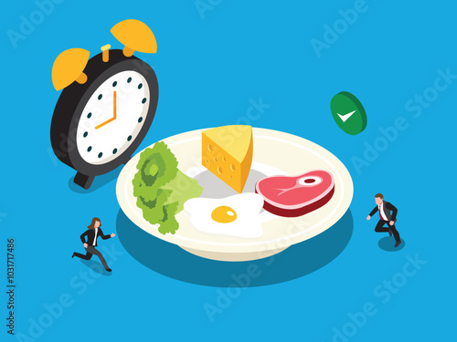 An isometric illustration depicting a plate of food with an alarm clock and two people running in the background. The image represents the concept of intermittent fasting