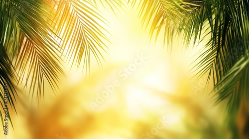 A serene scene of palm leaves framing a bright, glowing background.