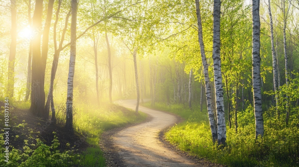 Fototapeta premium A serene forest path illuminated by sunlight through trees, creating a tranquil atmosphere.