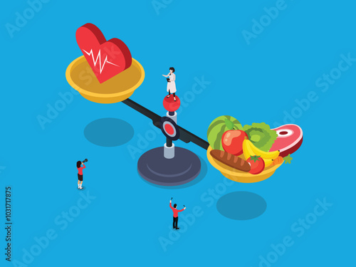A balanced scale is depicted, with a heart on one side and a variety of healthy foods on the other