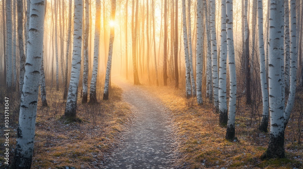 Obraz premium A serene forest path illuminated by sunlight through misty trees.
