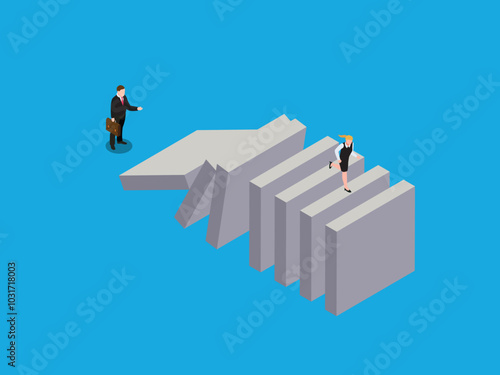 An isometric illustration depicting a woman running over a series of falling dominoes, symbolizing the challenges and obstacles that can arise on the path to success