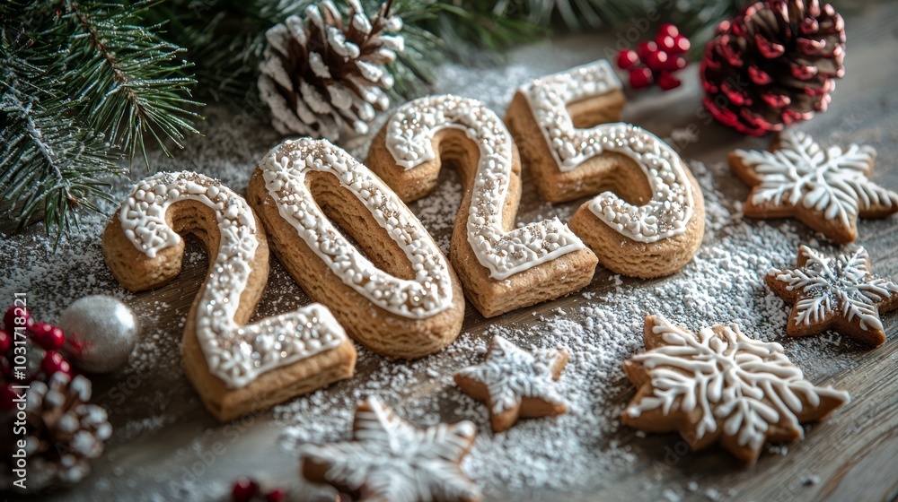 Gingerbread cookies shaped like 2025 on a festive table with decorations, pinecones, and powdered sugar for holiday fun! Gingerbread cookies shaped like 2025 on a festive table with decorations, pinecones, and powdered sugar for holiday fun!