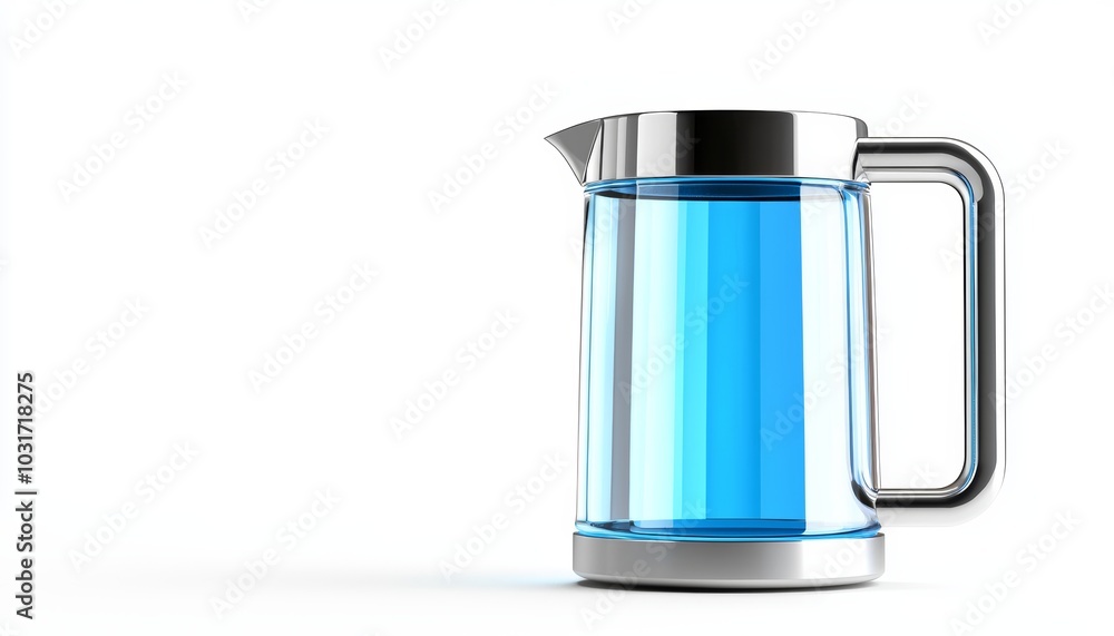 A shiny chrome electric kettle with a blue-lit water gauge, isolated on a white background A shiny chrome electric kettle with a blue-lit water gauge, isolated on a white background