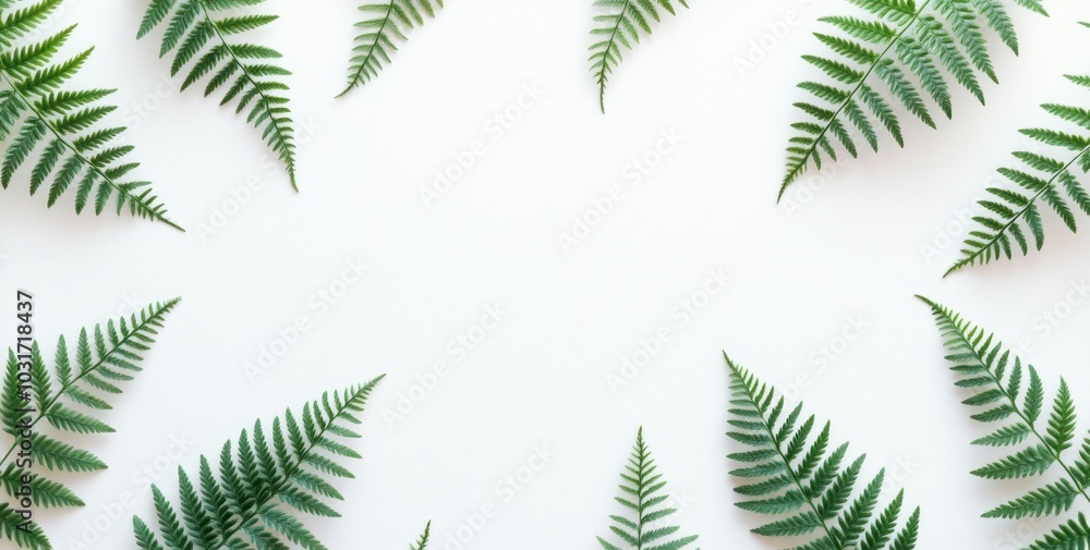 A minimalist arrangement of green ferns on a white background for a fresh aesthetic. A minimalist arrangement of green ferns on a white background for a fresh aesthetic.