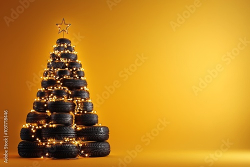 Unique Christmas tree made of stacked tires with glowing lights set against a bright yellow background photo