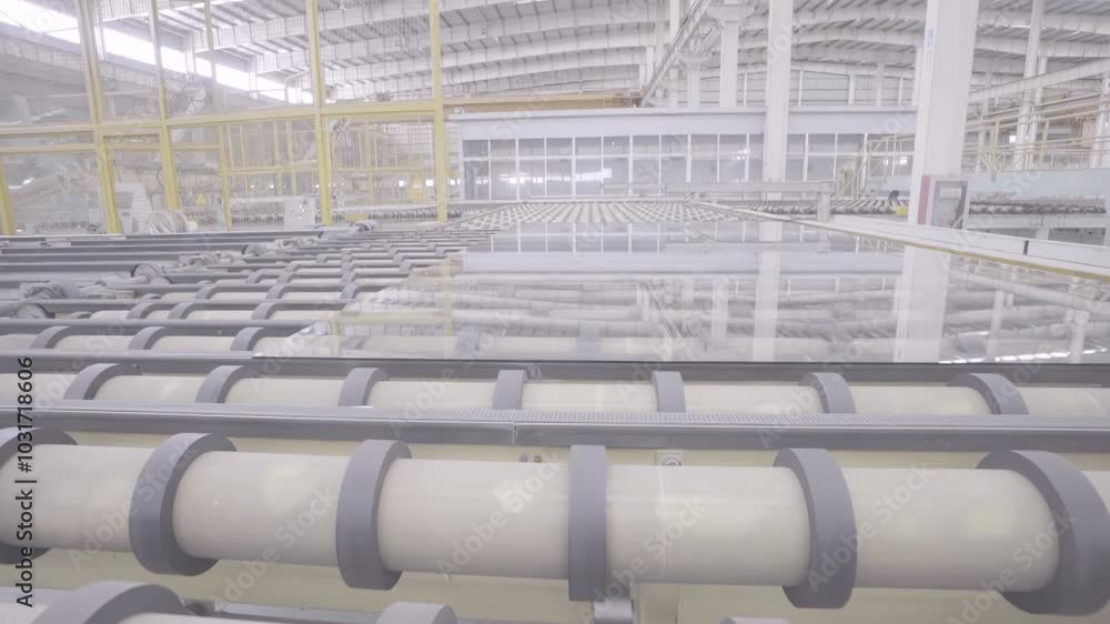 Industrial factory glass moves on the roller table. Automatic removal of flat glass from the conveyor line. Glass conveyor line Industrial factory glass moves on the roller table. Automatic removal of flat glass from the conveyor line. Glass conveyor line