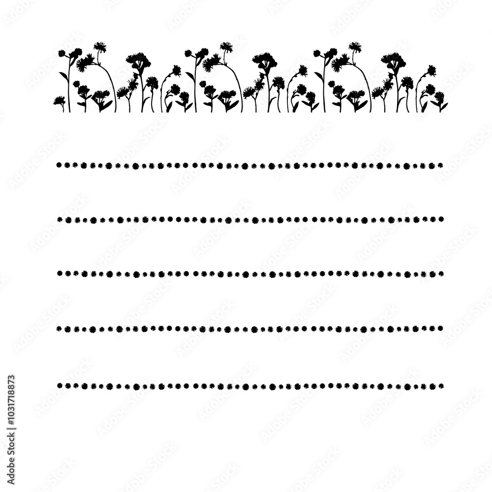 Fototapeta premium White paper note template for text with black silhouette flowers.