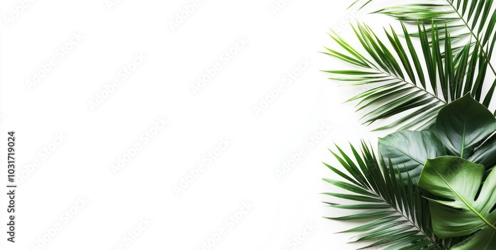 A collection of lush green palm leaves against a white background. A collection of lush green palm leaves against a white background.