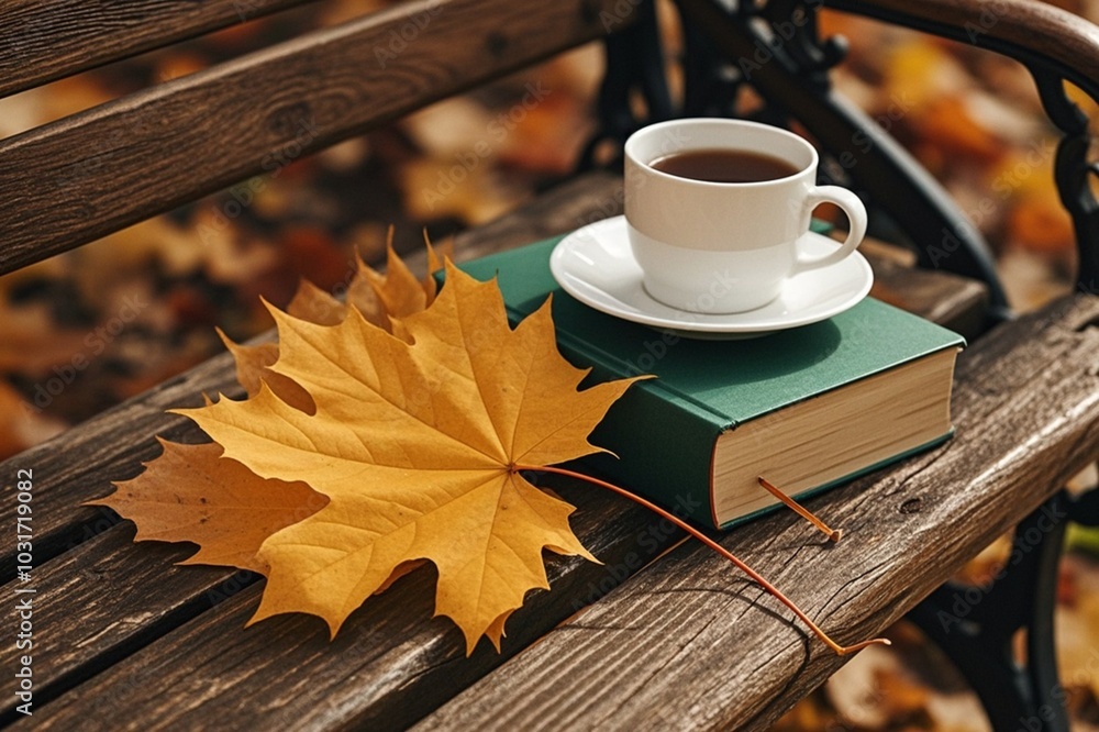 Autumn yellow maple leaves, white cup and green book on a vintage wooden bench