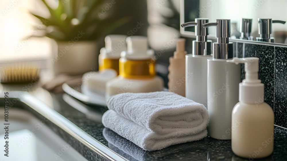 A serene bathroom countertop showcasing neatly arranged toiletries, plush towels, and a potted plant, creating a soothing spa-like atmosphere. A serene bathroom countertop showcasing neatly arranged toiletries, plush towels, and a potted plant, creating a soothing spa-like atmosphere.