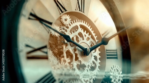 Close up of an old clock face with many gears showing the flow of time