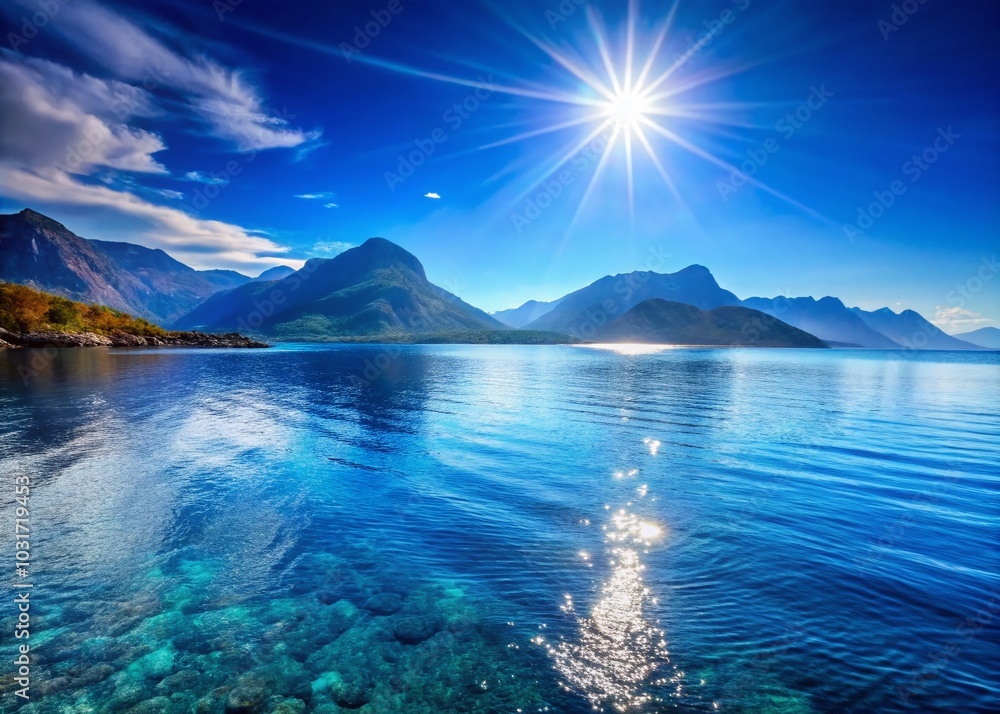 Obraz premium Tranquil Blue Sea with Majestic Mountains and Sunlit Waves - Nature Photography