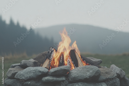 A fire is burning in a pile of wood and rocks photo