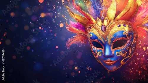 A bright and festive carnival background design featuring a decorative carnival mask, welcoming the excitement of the event.