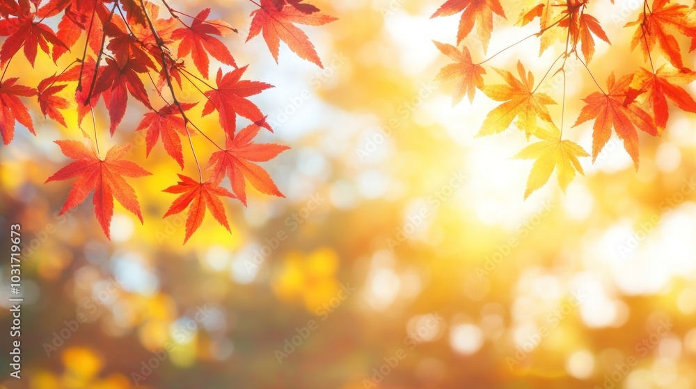 A serene autumn scene with vibrant red leaves illuminated by soft sunlight. A serene autumn scene with vibrant red leaves illuminated by soft sunlight.