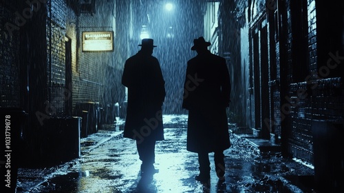 A classic mafia movie scene with a dramatic confrontation between the boss and a traitor in a dark, rain-soaked alley