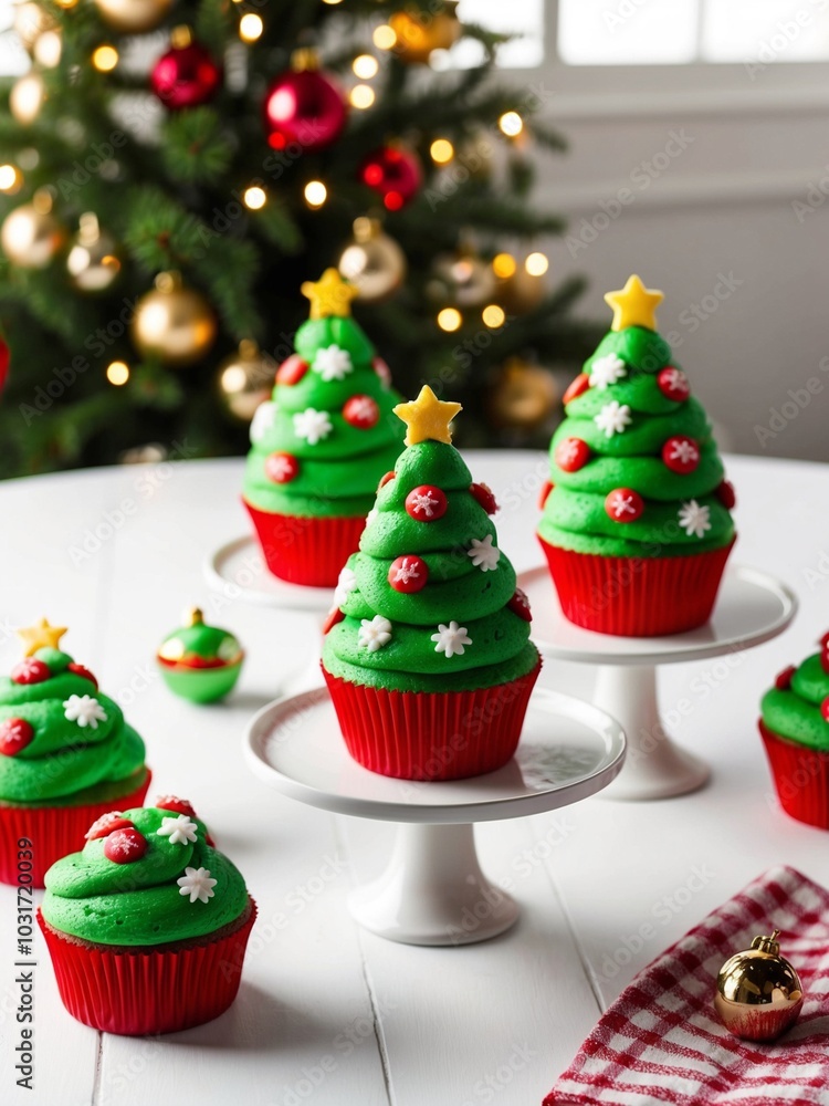 Christmas cupcakes decorated with a Christmas tree on a white plate. Christmas cupcakes decorated with a Christmas tree on a white plate.