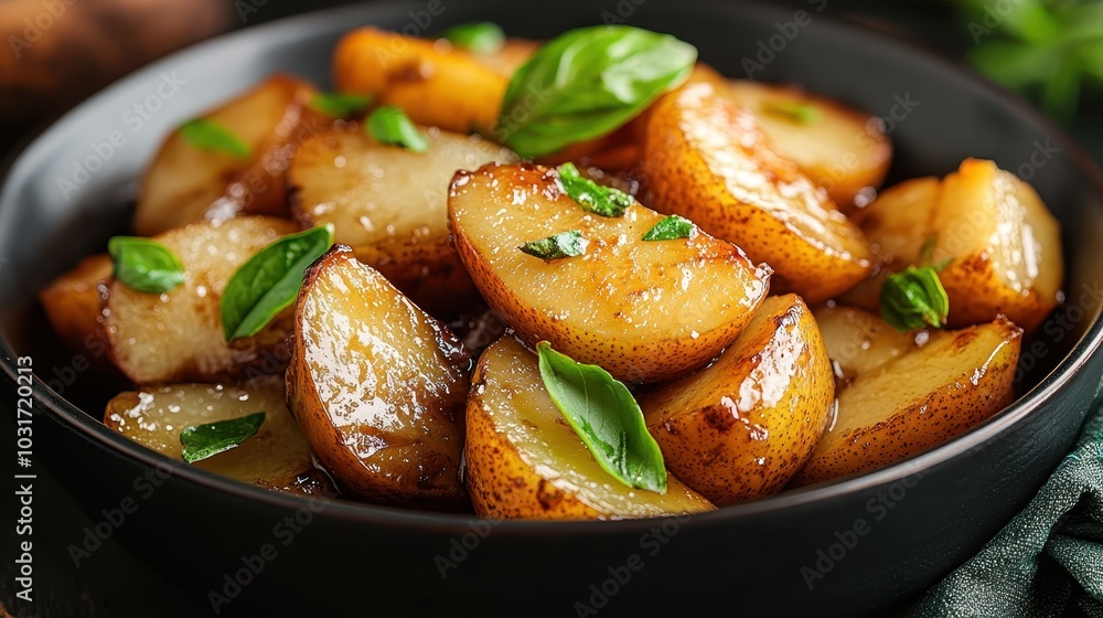 A flavorful display of oven-roasted potato wedges garnished with fresh green basil leaves, emphasizing the golden brown texture in a minimalist black bowl. A flavorful display of oven-roasted potato wedges garnished with fresh green basil leaves, emphasizing the golden brown texture in a minimalist black bowl.