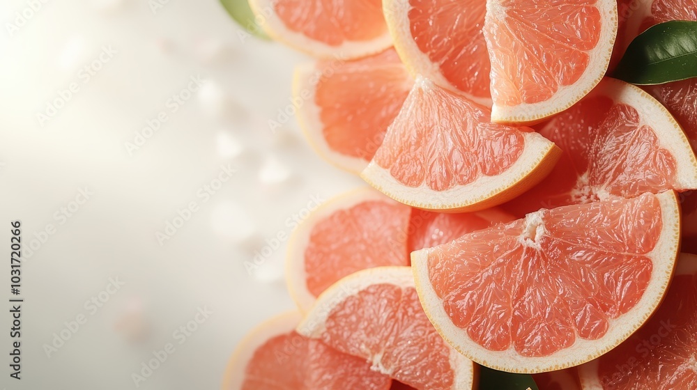 A bright and fresh display of grapefruits sliced and arranged on a light background with soft lighting, showcasing the vibrant pink hues and juicy textures. A bright and fresh display of grapefruits sliced and arranged on a light background with soft lighting, showcasing the vibrant pink hues and juicy textures.