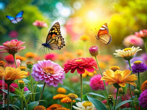 Tranquil Garden at Dusk with Fluttering Butterflies and Blooming Flowers - Low Light Photography