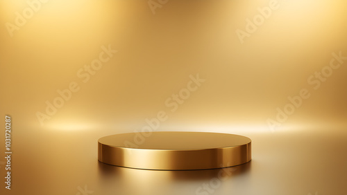 One shiny golden round podium stage cosmetic product display mock up with gold background scene