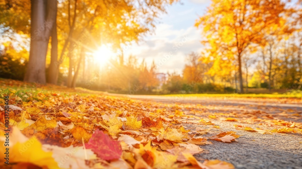 A serene autumn landscape with colorful leaves and sunlight filtering through trees. A serene autumn landscape with colorful leaves and sunlight filtering through trees.