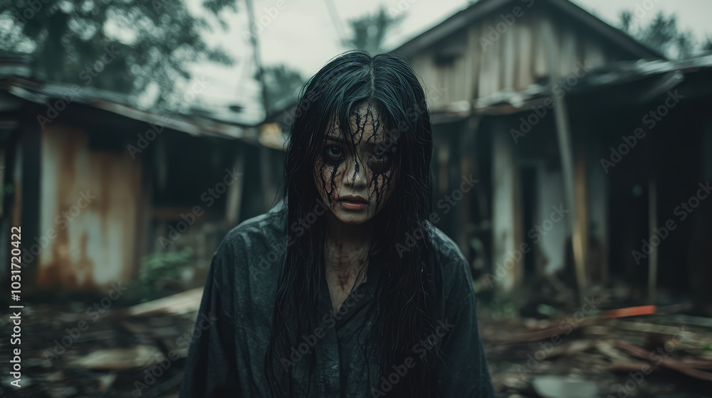 A chilling medium shot of a ghost with deep cracks running across her face, standing motionless in front of a crumbling Thai-style house, the air thick with an unsettling quiet. A chilling medium shot of a ghost with deep cracks running across her face, standing motionless in front of a crumbling Thai-style house, the air thick with an unsettling quiet.
