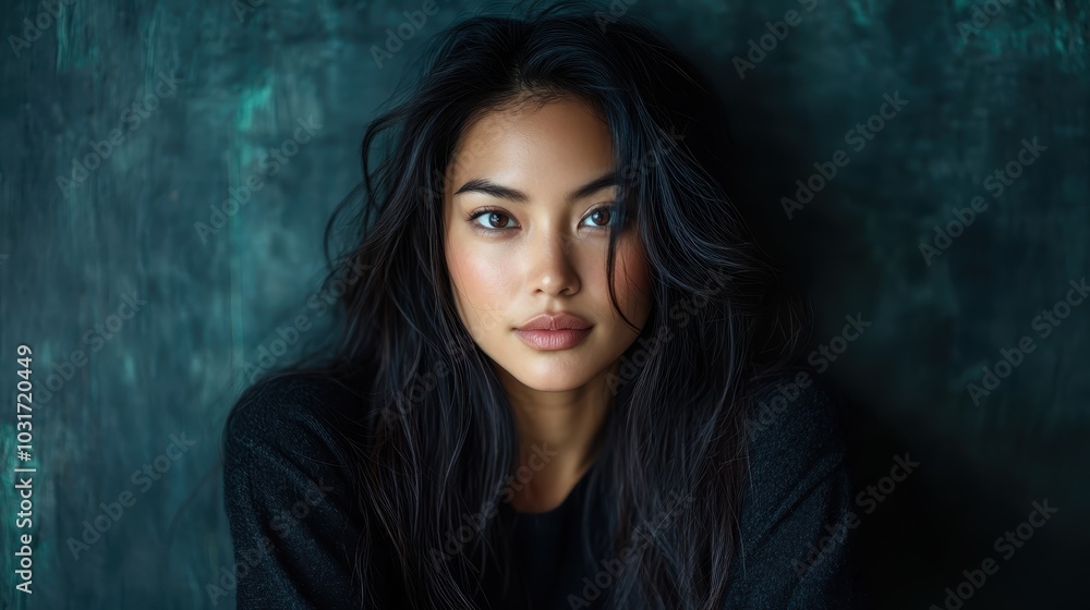 A striking portrait of an elegant woman with long dark hair against a textured dark background, capturing an intense and captivating gaze. A striking portrait of an elegant woman with long dark hair against a textured dark background, capturing an intense and captivating gaze.