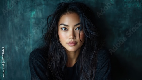 A striking portrait of an elegant woman with long dark hair against a textured dark background, capturing an intense and captivating gaze.