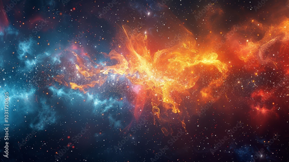A vibrant cosmic nebula illuminated by fiery orange and blue gases against the backdrop of deep space A vibrant cosmic nebula illuminated by fiery orange and blue gases against the backdrop of deep space
