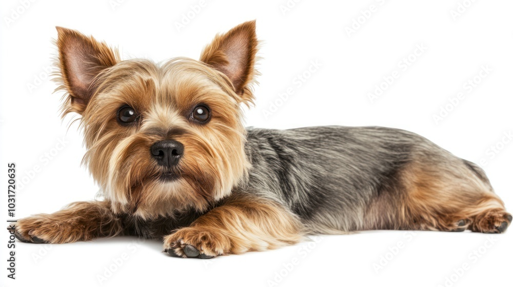 A cute Yorkshire Terrier lying down, showcasing its fluffy coat and expressive eyes. A cute Yorkshire Terrier lying down, showcasing its fluffy coat and expressive eyes.