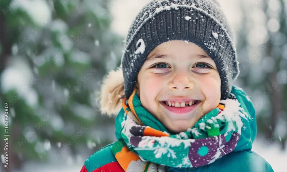 Close-up of a child's face wearing a winter hat and scarf in the snow. Close-up of a child's face wearing a winter hat and scarf in the snow.