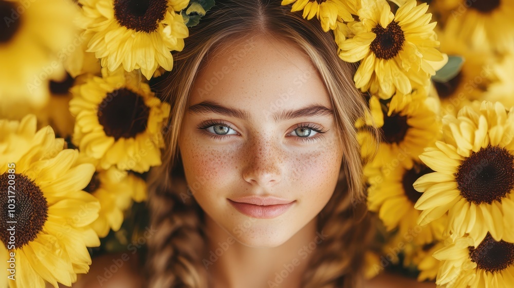 A young girl, surrounded by vibrant sunflowers, displays innocence and beauty, symbolizing purity and joy in a mesmerizing natural sunflower setting. A young girl, surrounded by vibrant sunflowers, displays innocence and beauty, symbolizing purity and joy in a mesmerizing natural sunflower setting.