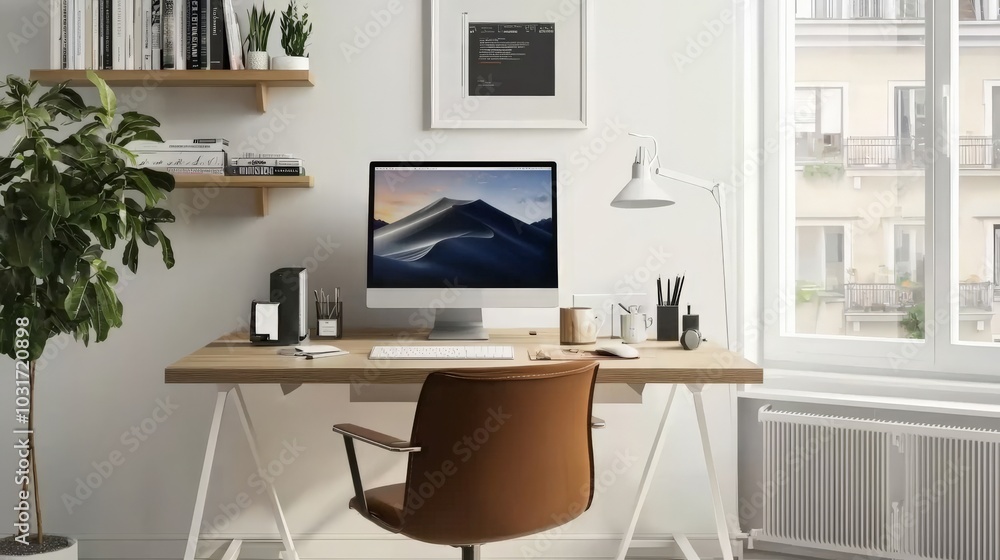 A clean, minimalist home office setup with a simple desk, ergonomic chair, and just a few essential items, promoting focus and productivity. A clean, minimalist home office setup with a simple desk, ergonomic chair, and just a few essential items, promoting focus and productivity.
