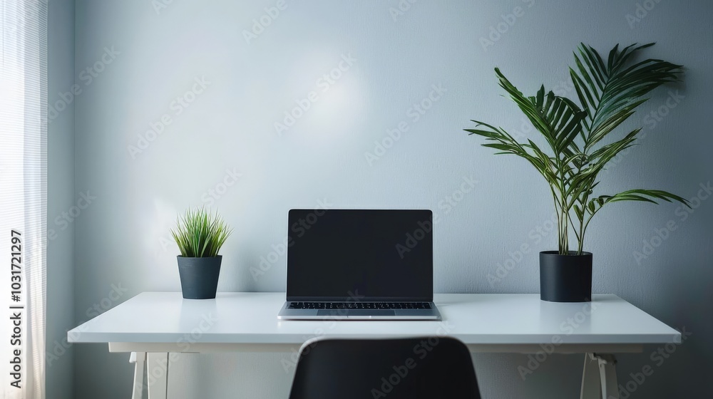 A clean, minimalist workspace with a sleek desk, a laptop, and a single plant, designed for maximum productivity and minimal distractions. A clean, minimalist workspace with a sleek desk, a laptop, and a single plant, designed for maximum productivity and minimal distractions.