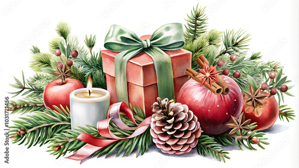 Merry Christmas and Happy New Year sticker with winter holiday decoration wreath bouquet isolated on white background, watercolor design illustration. Merry Christmas and Happy New Year sticker with winter holiday decoration wreath bouquet isolated on white background, watercolor design illustration.
