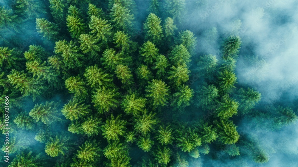 Aerial view of dense evergreen forest with mist, showcasing nature's beauty and tranquility. Aerial view of dense evergreen forest with mist, showcasing nature's beauty and tranquility.