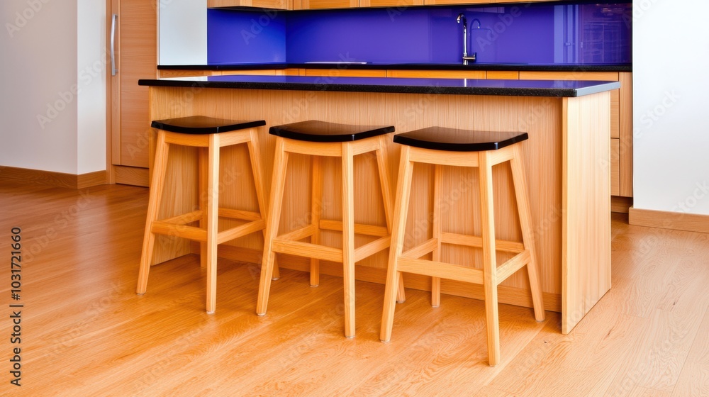 Elegant Wooden Bar Stools in Bright Modern Kitchen Interior Elegant Wooden Bar Stools in Bright Modern Kitchen Interior
