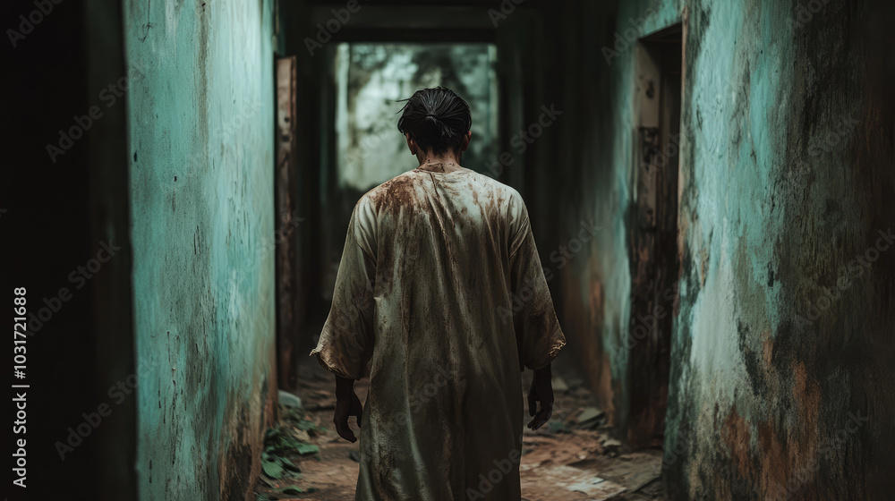 Naklejka premium A man in a dirty white robe walks down a hallway