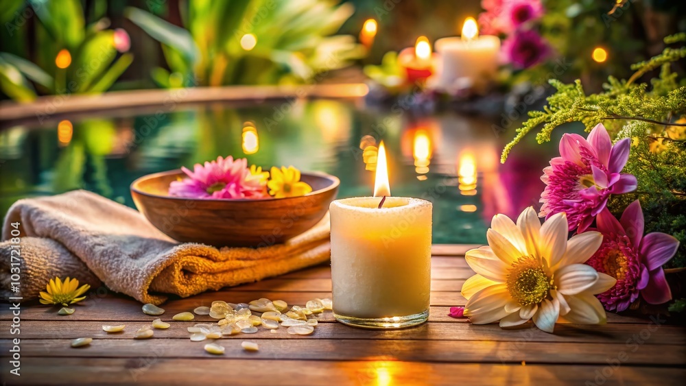 Tranquil Spa Atmosphere with Lit Candle and Fresh Flowers for Relaxation and Wellness Tranquil Spa Atmosphere with Lit Candle and Fresh Flowers for Relaxation and Wellness