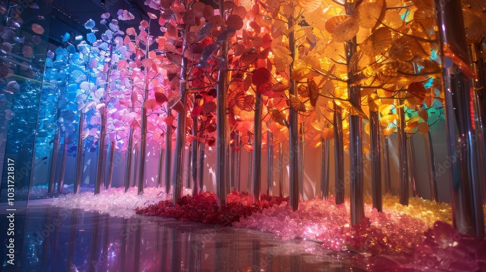 Colorful illuminated trees create a vibrant atmosphere in a modern art installation Colorful illuminated trees create a vibrant atmosphere in a modern art installation
