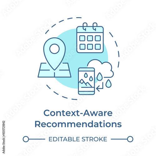 Context-aware recommendations soft blue concept icon. Data collection, personalized. Algorithms, services. Round shape line illustration. Abstract idea. Graphic design. Easy to use article